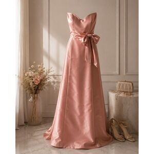 Bari Jay Pink Satin Strapless Evening Gown Sweetheart‎ Waist Bow Formal Dress 10